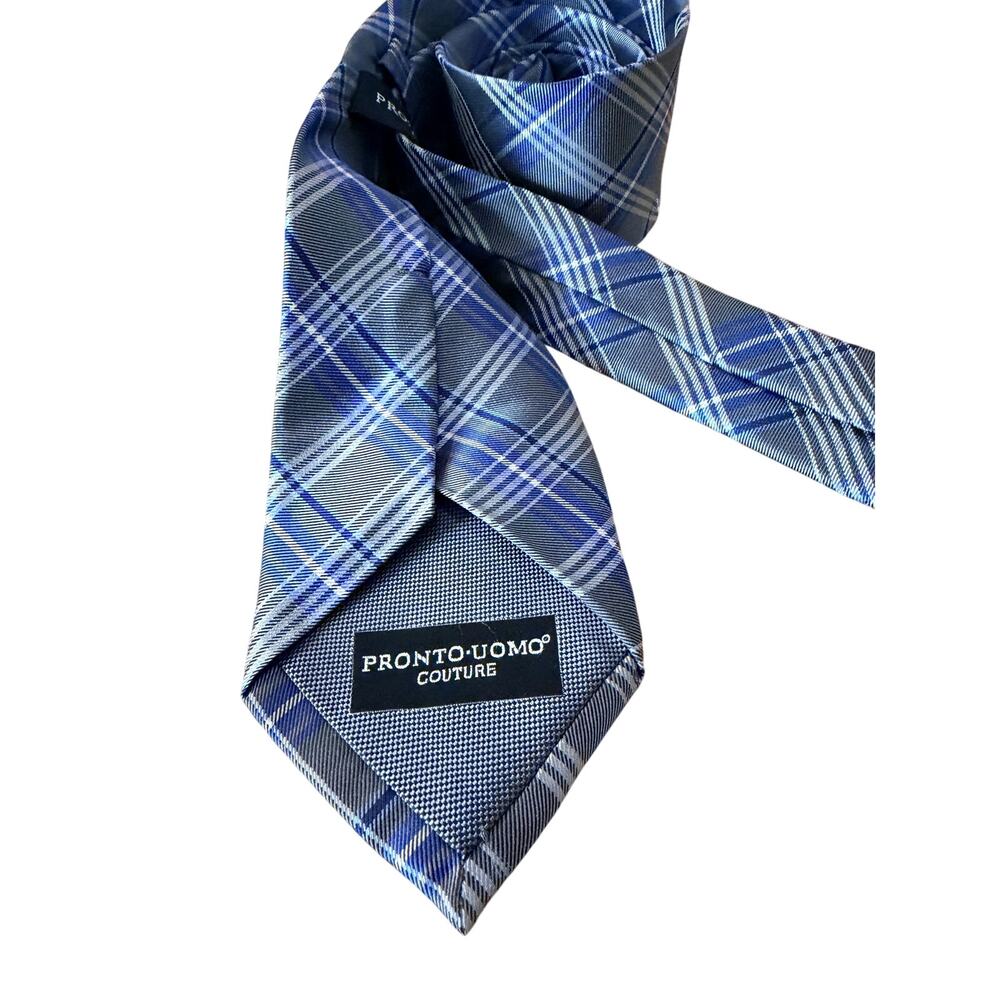 Pronto Uomo Couture Blue Gray Plaid Necktie Classic Men’s Dress Tie